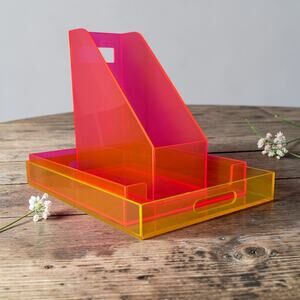 Unique Acrylic Desk Office Paper Organizer Set Neon Pink Yellow